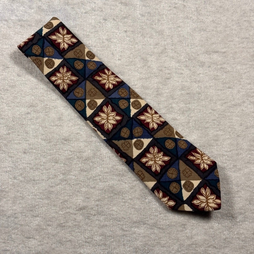 333 New York Silk Tie Mens Geometric Floral Pattern Hand Screened Made in USA - Picture 1 of 2